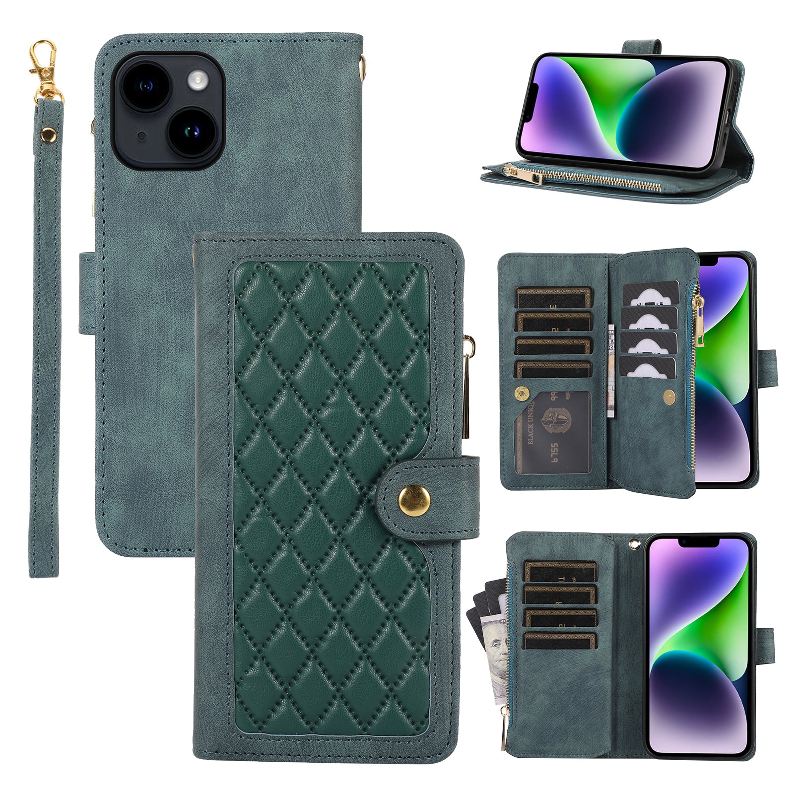 For iPhone 14 Plus Multiple Card Slots Phone Leather Case Rhombus Stand Cover with Zipper Pocket For iPhone 14 Plus Multiple Card Slots Phone Leather Case Rhombus Stand Cover with Zipper Pocket